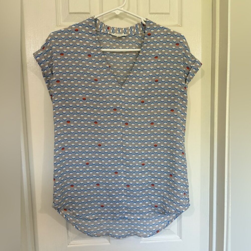 Pleione Blue and White Wrap Blouse Cap Sleeve